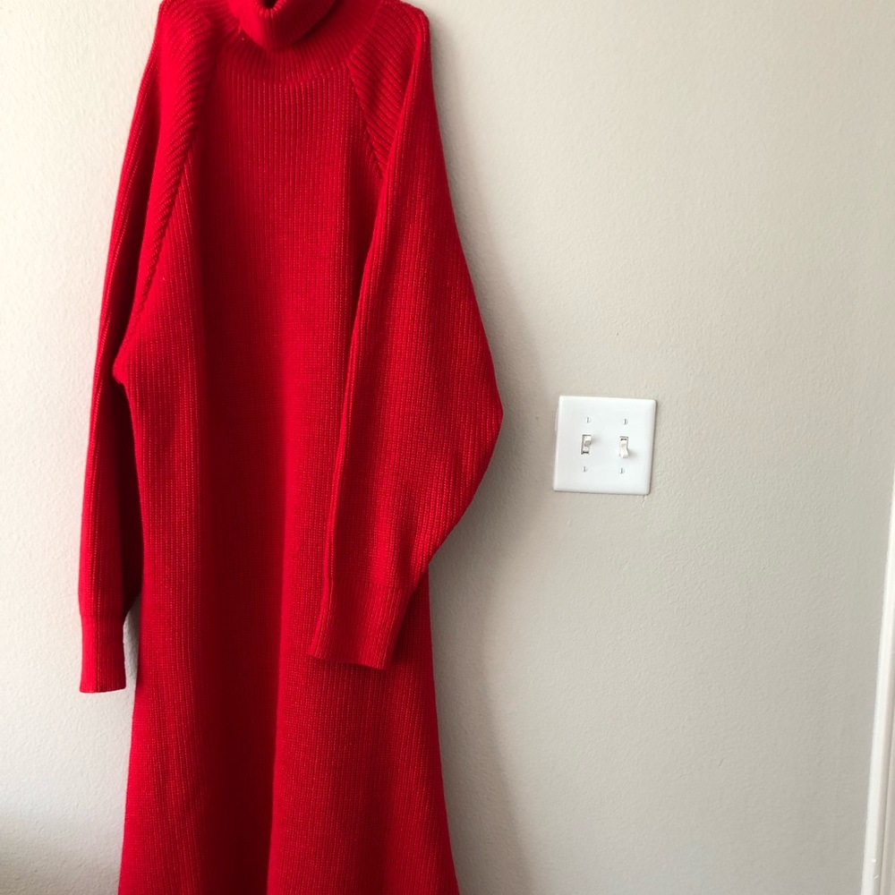 Long turtleneck sweater dress with belt